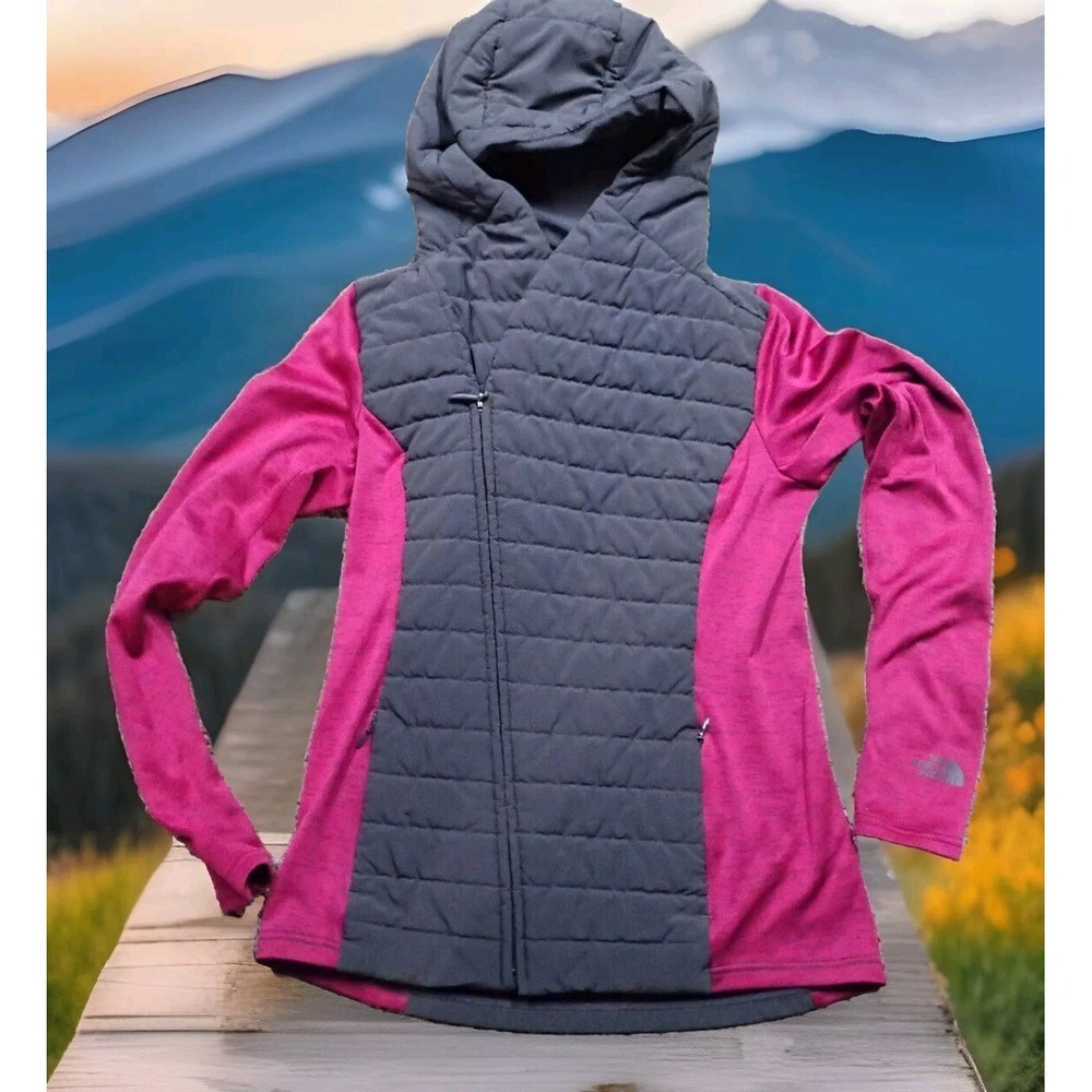 The North Face Hybrid Hoodie Womens Small Pink Grey Excellent‎ Quilted Full Zip